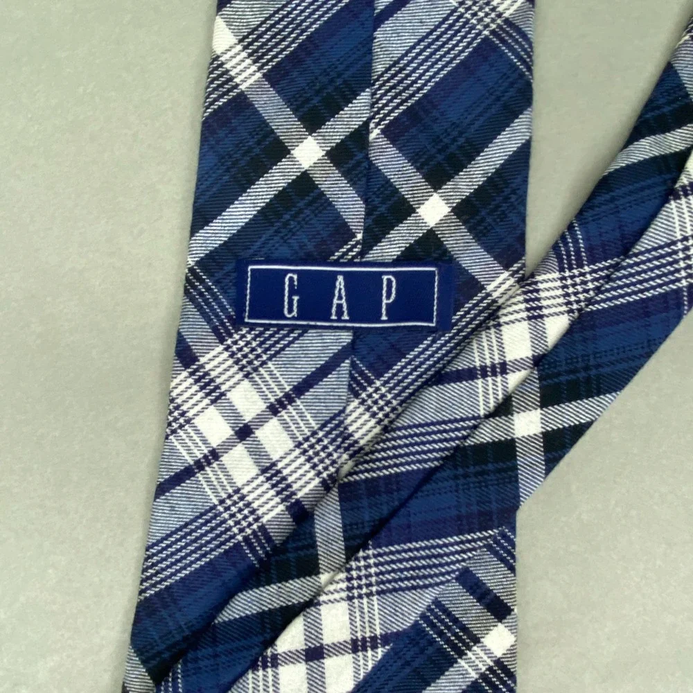 VTG‎ Gap Plaid Tartan Tie Mens Blue White Wool Blend Minimalist Indie 58x4